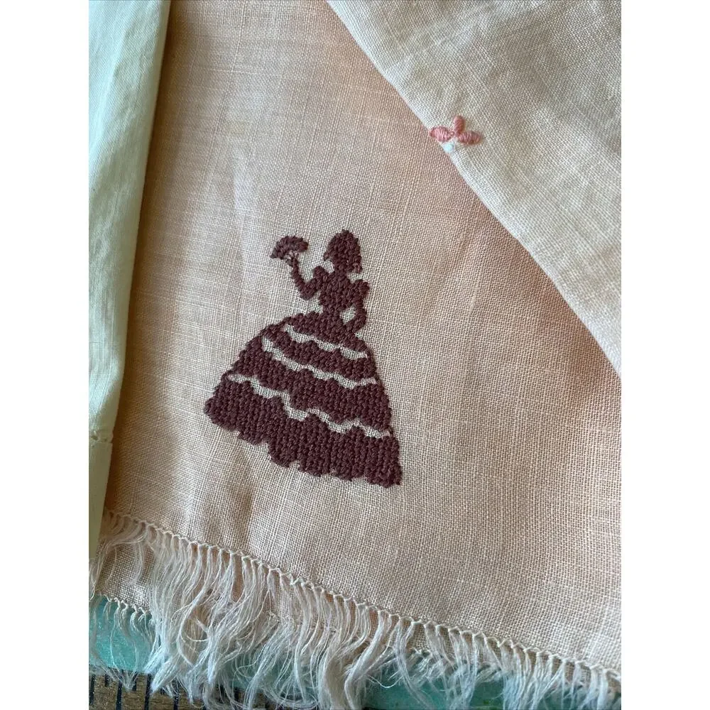 VINTAGE Hand Embroidered Lot Of 4 Dresser Scarf Guest Towel Cotton LINEN Floral